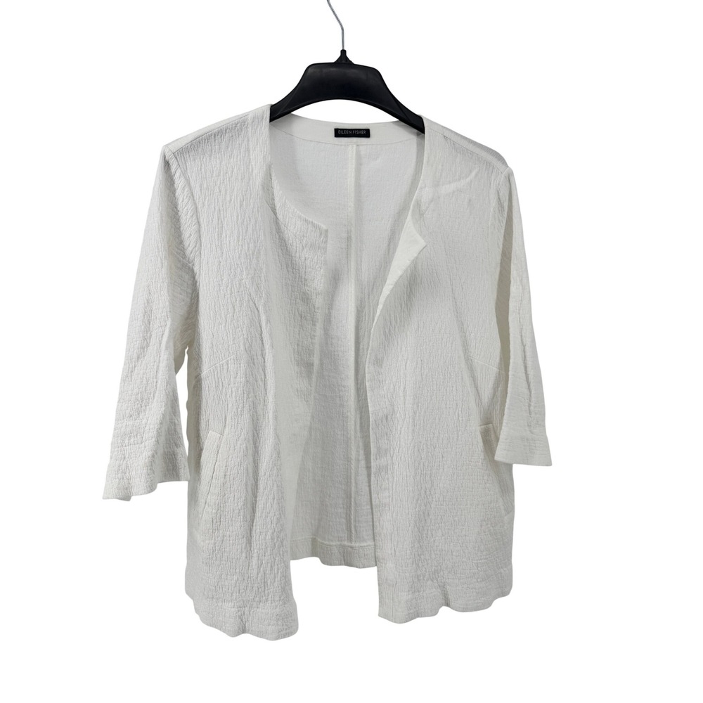 Eileen Fisher Sweater XL White Textured Organic Cotton Open Front‎ 3/4 Sleeve